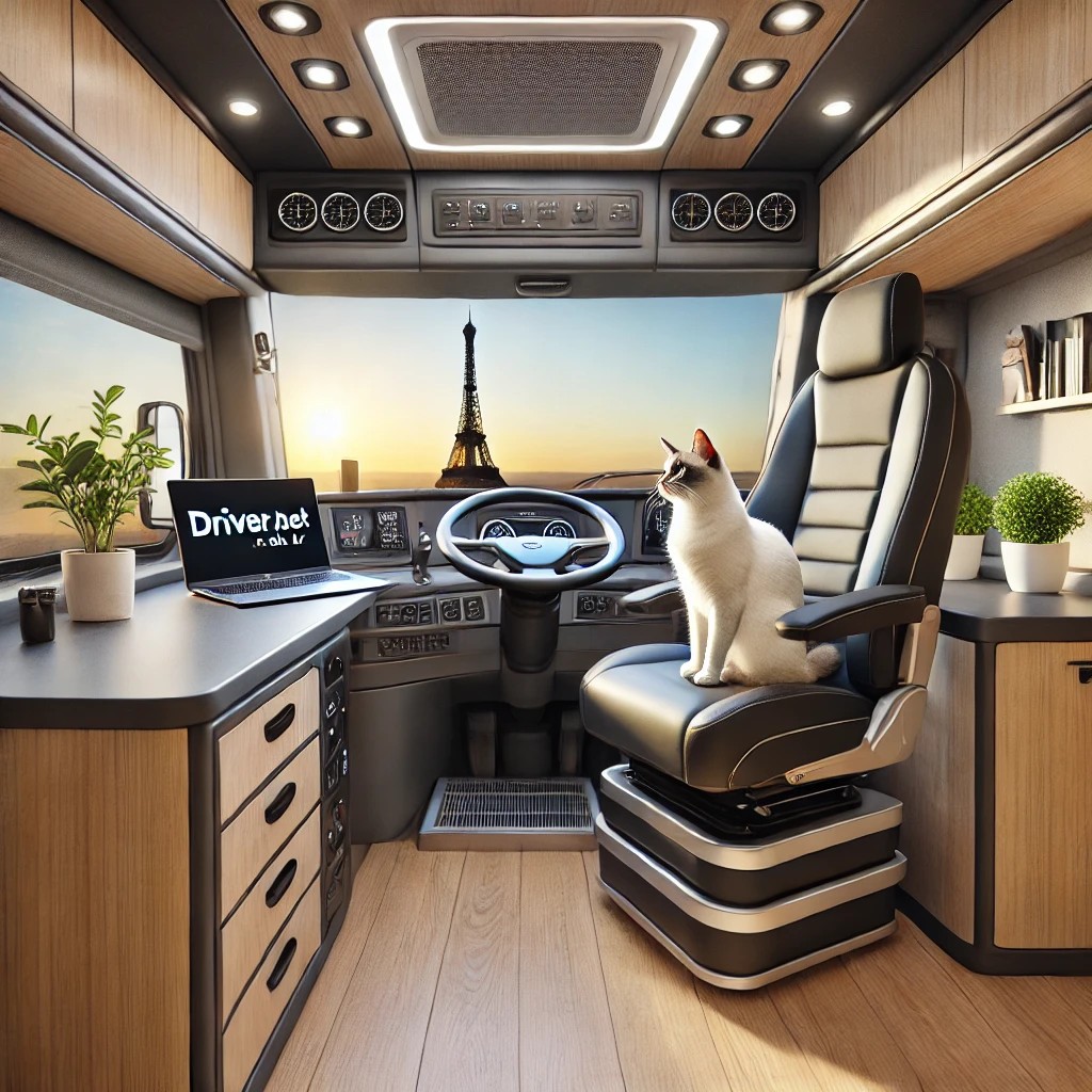 DALL·E 2025-03-22 06.15.35 - A modern and cozy home office inside a European truck cabin, featuring a visible truck steering wheel and dashboard. A sleek desk holds a laptop with .jpeg