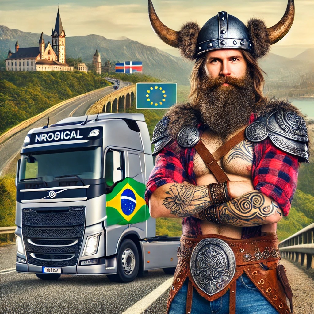 DALL·E 2025-03-04 07.57.09 - A Brazilian Viking truck driver in Europe, blending Viking and Brazilian trucker styles. He has a thick beard, long hair, and wears a Viking helmet wi.jpg